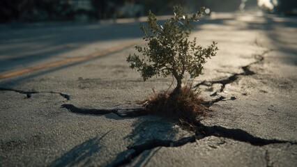A small shrub growing out of a crack in an asphalt road. Concept Urban nature, shrub in asphalt crack, roadside flora, resilience, unexpected greenery