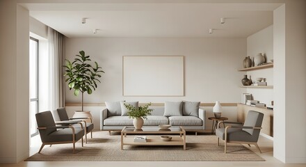 Living room interior design sofa chairs plant table decor minimalist modern home apartment style aesthetic