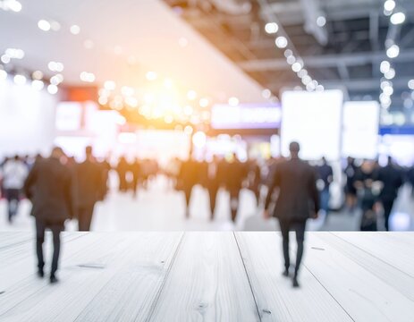 Blurred image of a bustling convention center with people walking, creating a dynamic and energetic atmosphere.