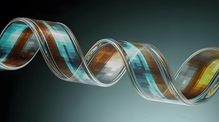 Abstract Geometric Ribbon Swirl with Pixelated Texture in Turquoise and Brown Colors