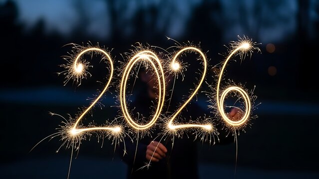 Person holding sparkler writing the year 2026 in the dark night sky with glowing light trails and festive atmosphere