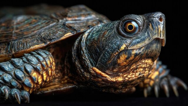 Close-up of a turtle with a rugged, patterned shell and a striking yellow eye. Concept Close-up wildlife, Turtle shell pattern, Yellow eye detail, Rugged texture macro, Nature photography