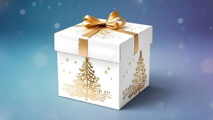 A white gift box adorned with gold Christmas trees and ribbons on a festive blue background with snowflakes and stars, conveying a holiday cheer mood.