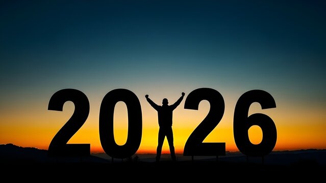 Silhouette of a person standing with arms raised between large 2026 numbers against a vibrant sunset with warm orange and blue gradient hues.
