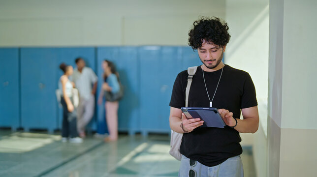 Indian young adult gen z busy male man hold tablet look screen do check online new e-learning work. Happy pupil cool boy use tab read study skill notes do cam casual pose enjoy new day hall place