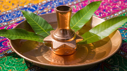 Holy kalash with coconut and leaves on decorative plate for Ganga Sagar Mela  