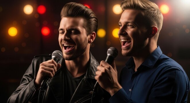Two men singing karaoke on stage with microphones. Happy friends enjoying live concert, music performance, or talent show.