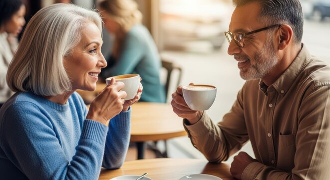 Mature caucasian woman and man enjoying coffee together at cafe. Senior couple having a happy conversation during a social outing for friendship. - Powered by Adobe