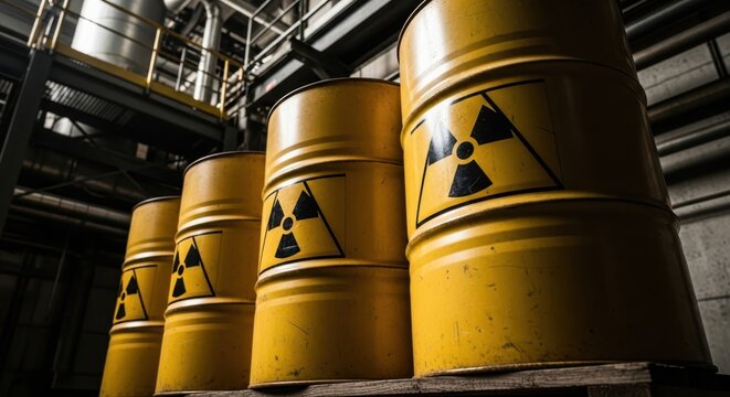 Yellow barrels with radiation hazard symbol. Industrial waste storage and nuclear risk concept. Warning sign for dangerous materials.