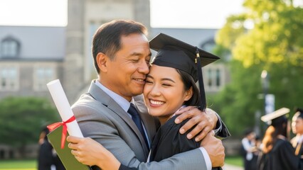 Asian woman graduate hugging her father on campus. Happy multi-generational family celebrating academic achievement and success.