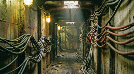 aging industrial service tunnel lined with heavy cables rusted walls and dim lantern lights