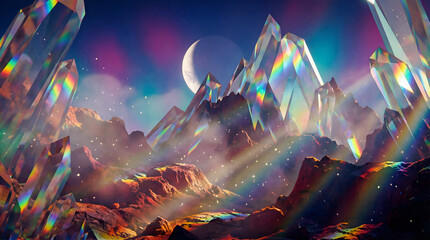 fantasy alien landscape filled with giant iridescent crystal formations under glowing moonlight
