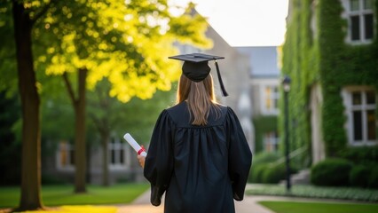 Woman graduate walking with diploma. Female student in cap and gown. College campus with ivy building. Education recognition achievement concept.