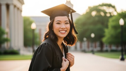 An asian woman standing outside in a graduation cap and gown, smiling at the camera. Academic achievement and future career concept. For invitation or announcement.