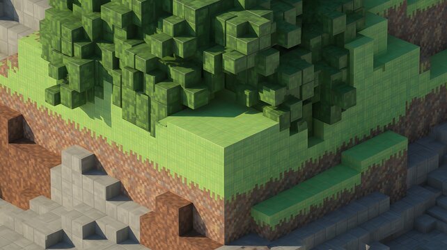 Isometric view of a virtual world with pixelated tree and landscape design