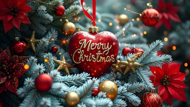 Close-up of a Christmas tree branch with a red heart-shaped ornament reading 'Merry Christmas', surrounded by red and gold decorations, starfish, and fairy lights on a blurred snowy