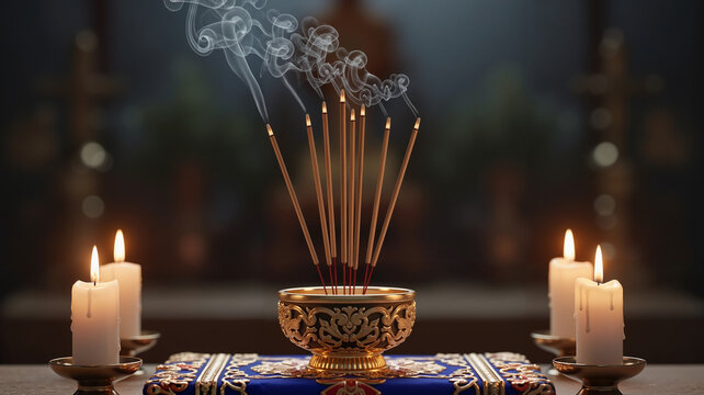 Incense sticks in holder with smoke and candles on decorative table - Powered by Adobe