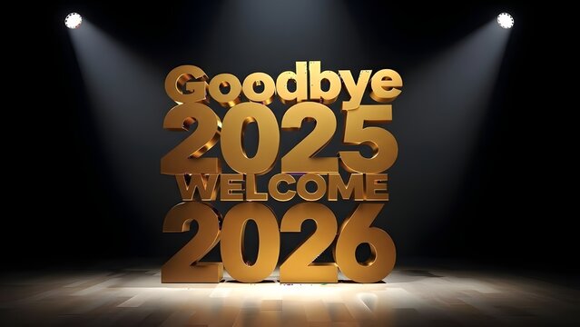 Golden 3D text display reading 'Goodbye 2025 Welcome 2026' on a stage with spotlights shining down, conveying a festive christmas and happy new year mood.