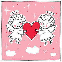 A sweet illustration of two cherub-like angels holding a large red heart for Valentine&rsquo;s Day cards, love-themed prints, and adorable holiday decorations.