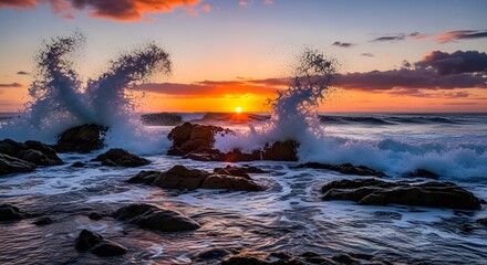 Ocean waves crashing rocks sunset seascape water nature coast scenic travel landscape horizon sunlight