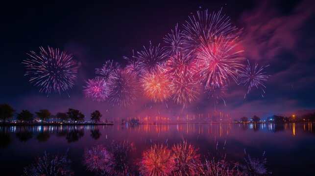 A brilliant display of fireworks lights up the night sky, reflected beautifully in the calm lake below.