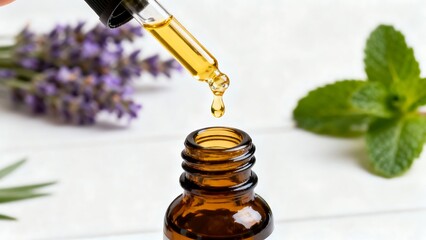 Close-up of an oil droplet releasing golden drops into a glass bottle.