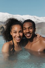 Obraz premium Young african couple enjoying relaxing hot spring with snowy mountain view