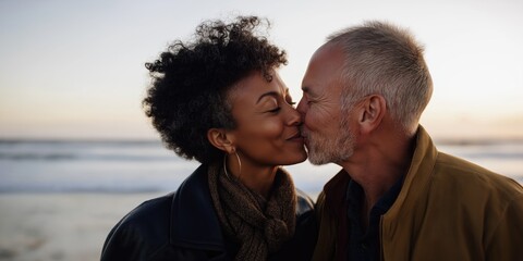 Romantic interracial couple share kiss at beach sunset