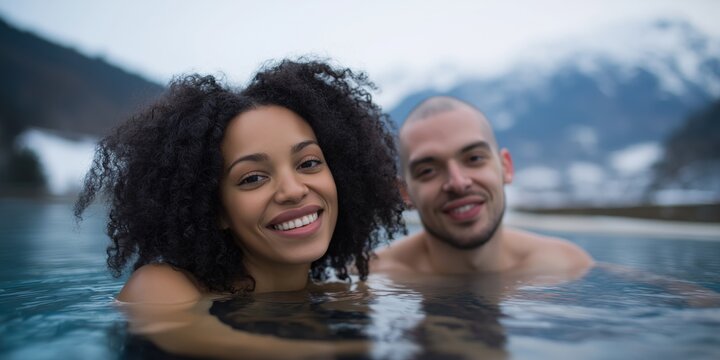 Smiling couple enjoying outdoor hot spring with snowy mountain backdrop