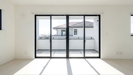 Fototapeta premium Bright interior room with sliding glass doors leading to a balcony and view of a modern house