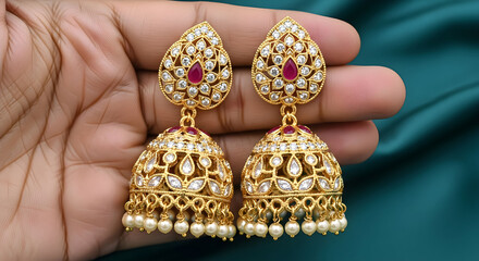Hand holding pair of gold jhumka earrings with ruby and pearl embellishments