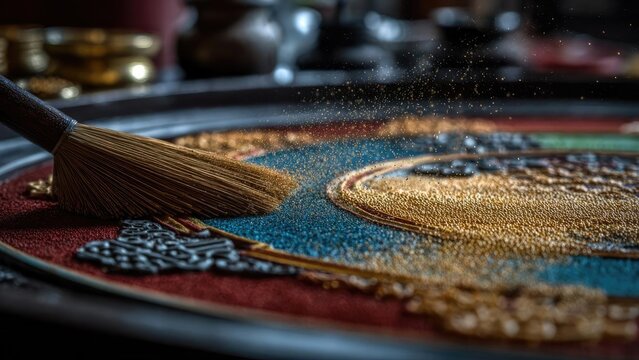 Colorful circular sand mandala being created, a broom sweeping gold, blue and red grains on a round tray. Concept Sand Mandala Art, Colorful Sand, Mandala Creation Process, Circular Sand Tray - Powered by Adobe