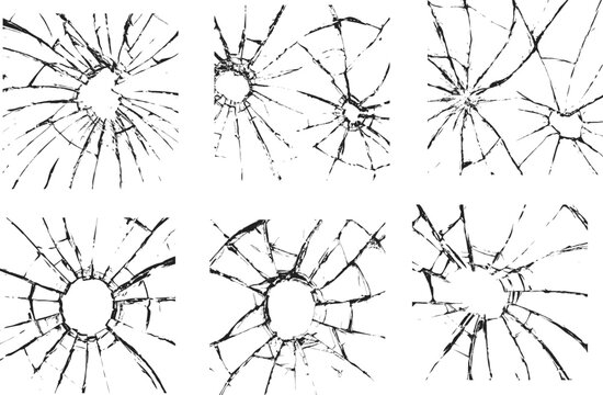 Broken glass set for modern design. Cracked glass. Broken window shattered glassy surface and broken windshield glass texture silhouette vector illustration. Eps 10