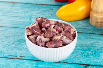 Raw chicken hearts for cooking