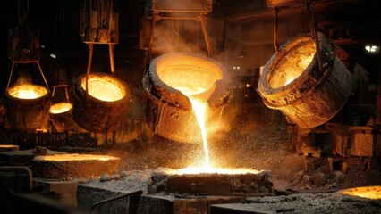 Molten metal being poured from large crucibles in a steel foundry Concept Molten Metal Pouring, Steel Foundry, Industrial Photography, Safety Gear, Glowing Heat and Sparks