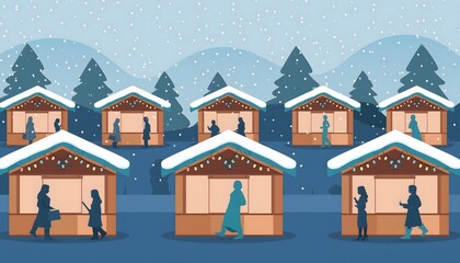 Cozy winter market scene with illuminated stalls and people browsing in falling snow