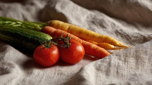 Fresh vegetables: red tomatoes, orange carrots, and a green zucchini resting on a light linen cloth. Concept Fresh Vegetables, Red Tomatoes, Orange Carrots, Green Zucchini, Light Linen Cloth