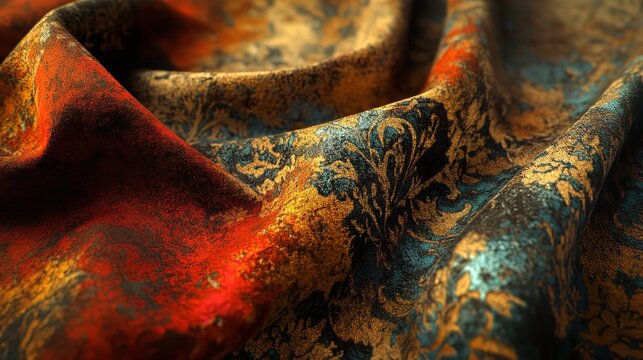Close up of richly textured, abstract fabric with swirling patterns in deep red, gold, and teal colors, showcasing luxurious material