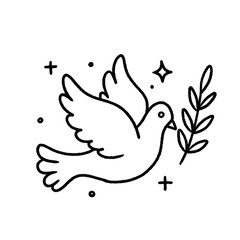 Hand-drawn dove with olive branch and sparkles in black and white line art, symbolizing peace and hope