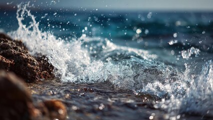 Obraz premium Waves crash against a rocky shoreline, spraying water into the air. Concept Coastal Photography, Rocky Shoreline, Water Spray, Dramatic Waves, Windy Conditions