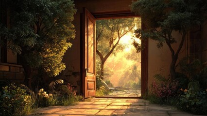 Obraz premium An open wooden door reveals a sunlit garden path with trees and flowers bathed in warm golden light. Concept Open wooden door, Sunlit garden path, Golden hour glow, Trees and flowers, Rustic doorway