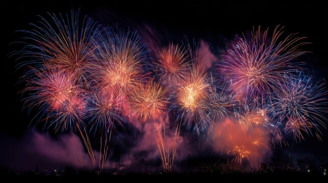 Spectacular fireworks display bursts with vibrant colors against the night sky, celebrating special occasions.