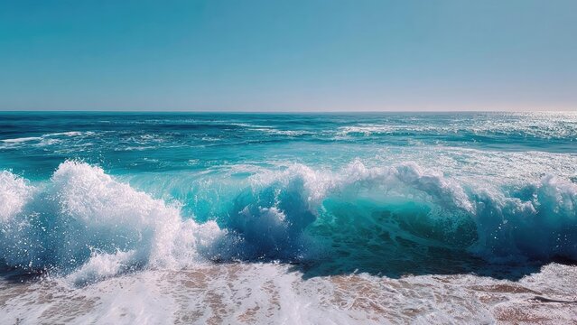 Turquoise ocean waves crash onto a sunny beach, white foam spraying as a large breaking wave rolls onto the sandy shore. Concept Turquoise ocean waves, Sunny beach scene, Breaking wave action