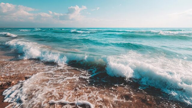 Turquoise waves crash onto a brown rocky shore under a bright blue sky with fluffy white clouds. Concept Turquoise Waves and Rocky Shore, Brown Rocky Beach, Bright Blue Sky, Fluffy White Clouds