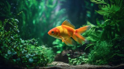 Close-up of a goldfish weaving through green plants in an aquarium setting
