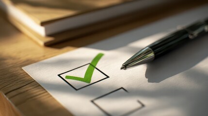 Close-up of a green checkmark in a square checkbox on a ballot sheet, symbolizing approval, choice, and democratic participation