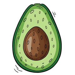 Cute Cartoon Avocado Half With Bold Outline Simple Children Style Food Illustration On Transparent Background