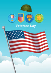 Vertical cartoon collage with hand drawn flat American flag, Medal of Honor, and military hat for Veterans Day, Memorial Day, patriotic cards, flyers, and holiday celebration banner templates