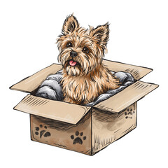 Cute Cairn Terrier Dog Peeking Out Of A Cardboard Box With Paw Print Designs On A Transparent Background