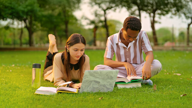 Indian young adult gen z lady female lying on grass use laptop look screen check new email e work garden park. Busy pupil male man do exam study read course book spend break time day college place